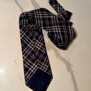 U.S. Polo Assn. Mens Tie Black Gray Purple Plaid Silk Look Classic Necktie Horse